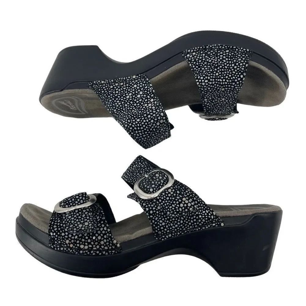 Dansko Womens Wedge Sandals Slip On Leather Shagreen Metallic Black Size 38